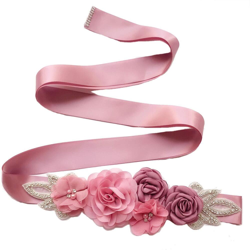 4349 Sash Belt with Flowers Pearls Rhinestone for Wedding Bride/Baby Shower